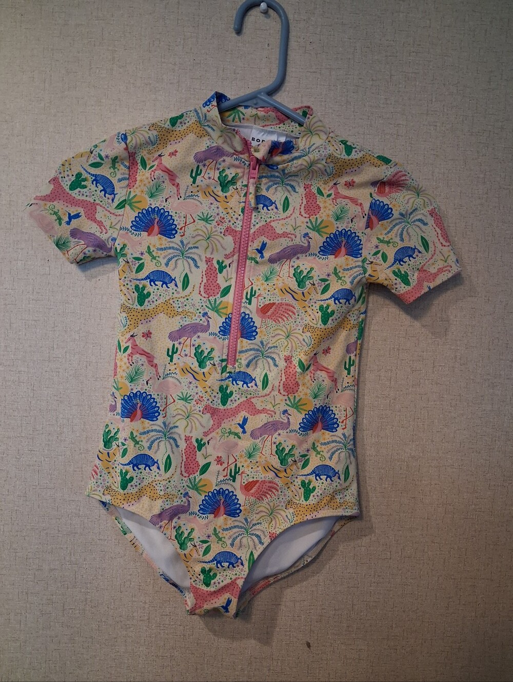 Boden Kids One-Piece Rash Guard Swimsuit - Cream with Blue, Pink & Green Print